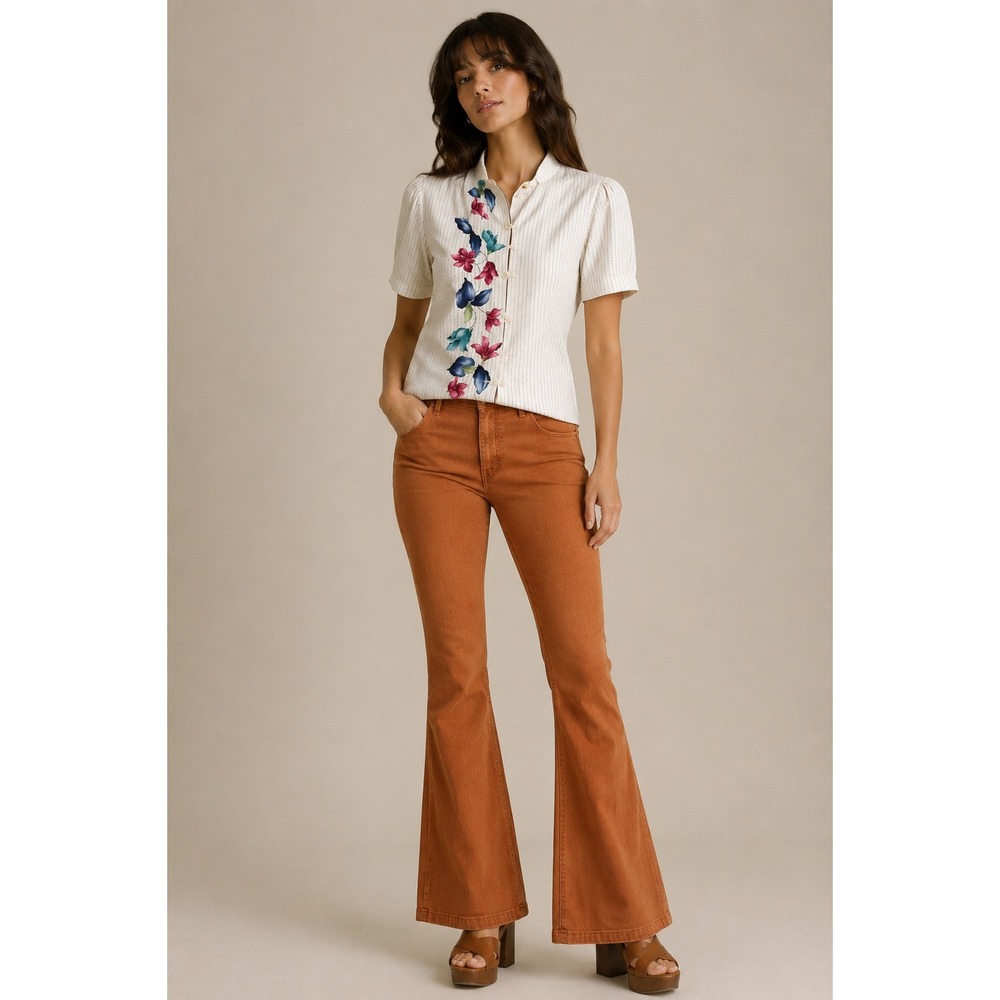 Vintage 70s Floral Stripe‎ Button Front Blouse Cottagecore XS